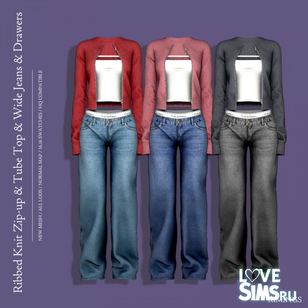 Топ и джинсы Knit Zip-up & Wide Jeans